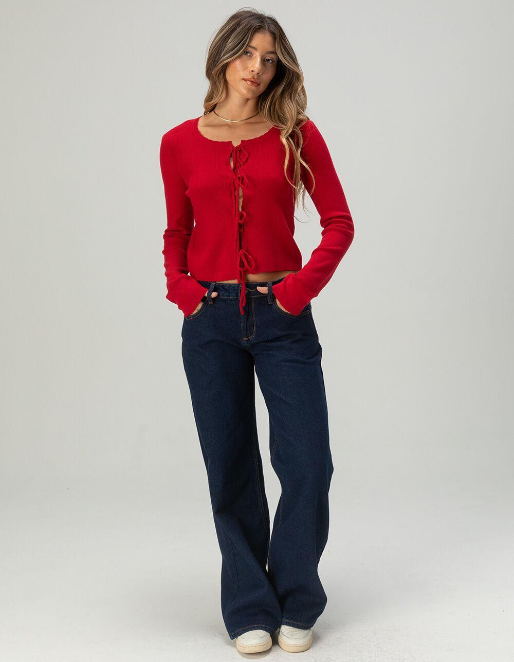 FULL TILT 3 Tie Front Womens Pointelle Cardigan - RED Product Image