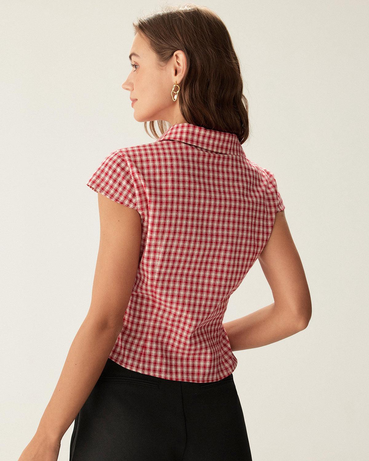Red Plaid Cap Sleeve Button Blouse Product Image