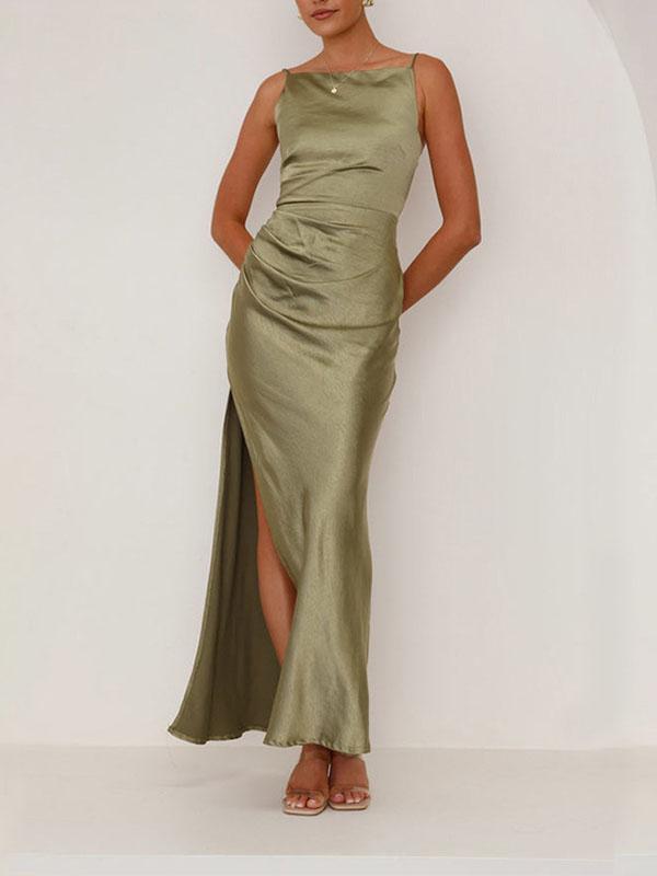 Sleeveless Pleated Solid Color Split-Joint Split-Side Spaghetti-Neck Midi Dresses Product Image