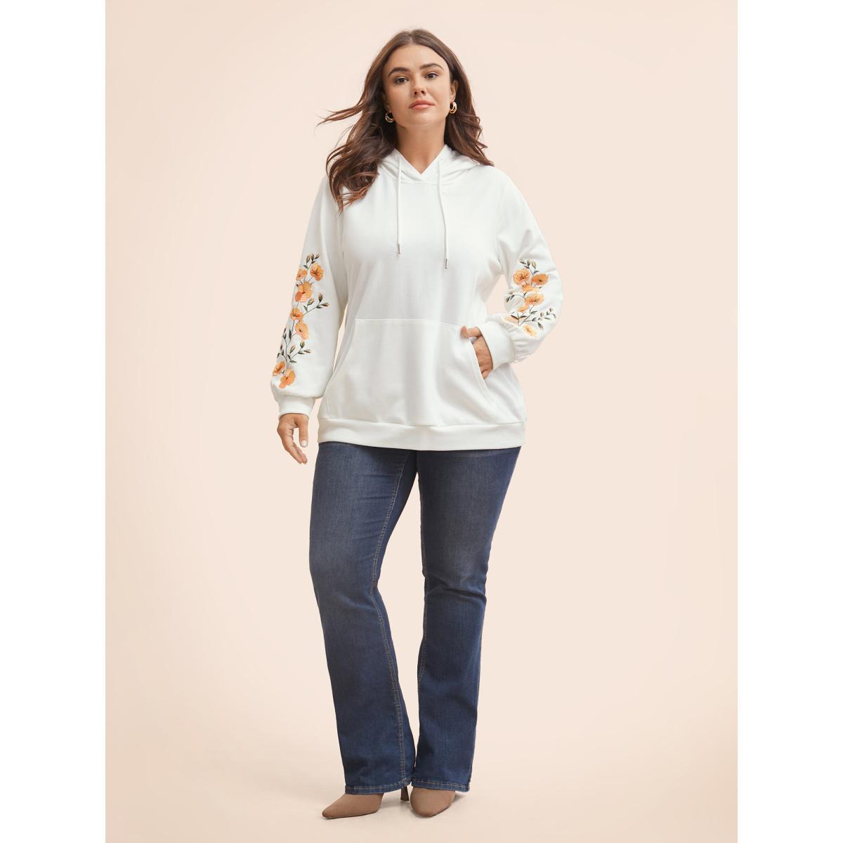 Plus Size Floral Embroidered Hooded Drawstring Sweatshirt Women WhiteSmoke Elegant Embroidered Hooded Everyday Sweatshirts BloomChic 28/5X Product Image