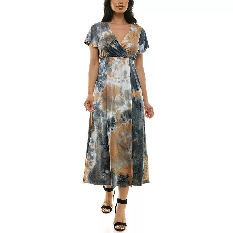 Women's Nina Leonard Tie Dye Print Flutter Sleeve V-Neck Maxi Dress, Size: Large, Blue Team Product Image