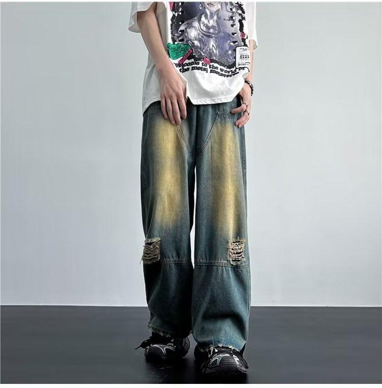 Mid Rise Washed Distressed Wide Leg Jeans Product Image