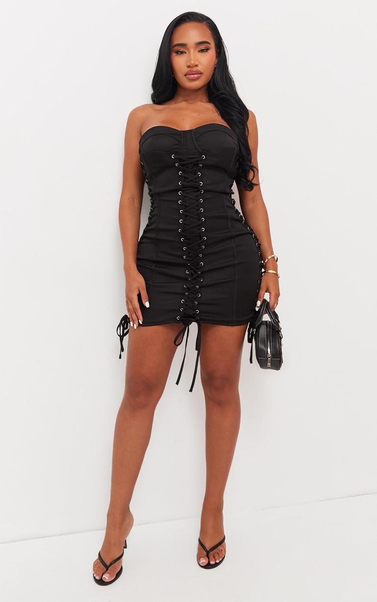 Shape Black Woven Lace Up Corset Bandeau Bodycon Dress Product Image