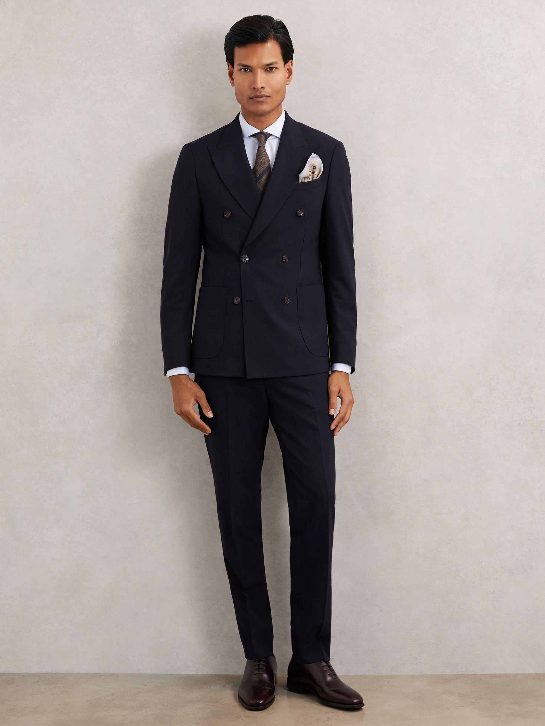Double-Breasted Textured Suit Blazer Slim-Fit With Wool in Navy Product Image
