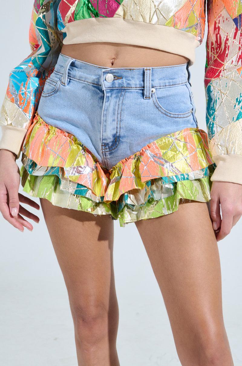 LIFE IS BUT A DREAM BROCADE RUFFLE DENIM SHORTS Product Image