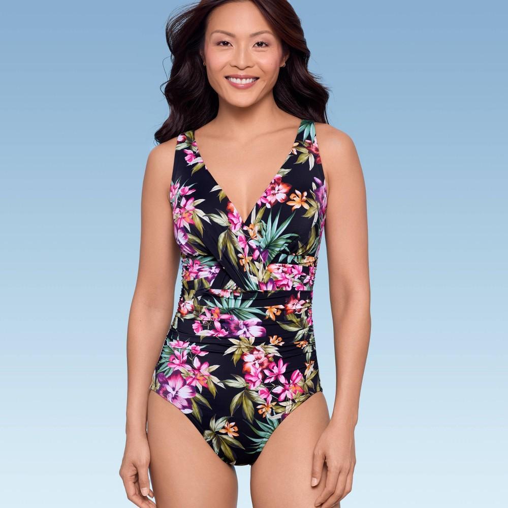 Womens UPF 50 V-Neck Ruched One Piece Swimsuit - Shape + Style by Aqua Multi Floral Print 12 Product Image