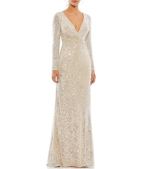 Mac Duggal Long Sleeve V-Neck Sequin Faux Wrap Gown Product Image