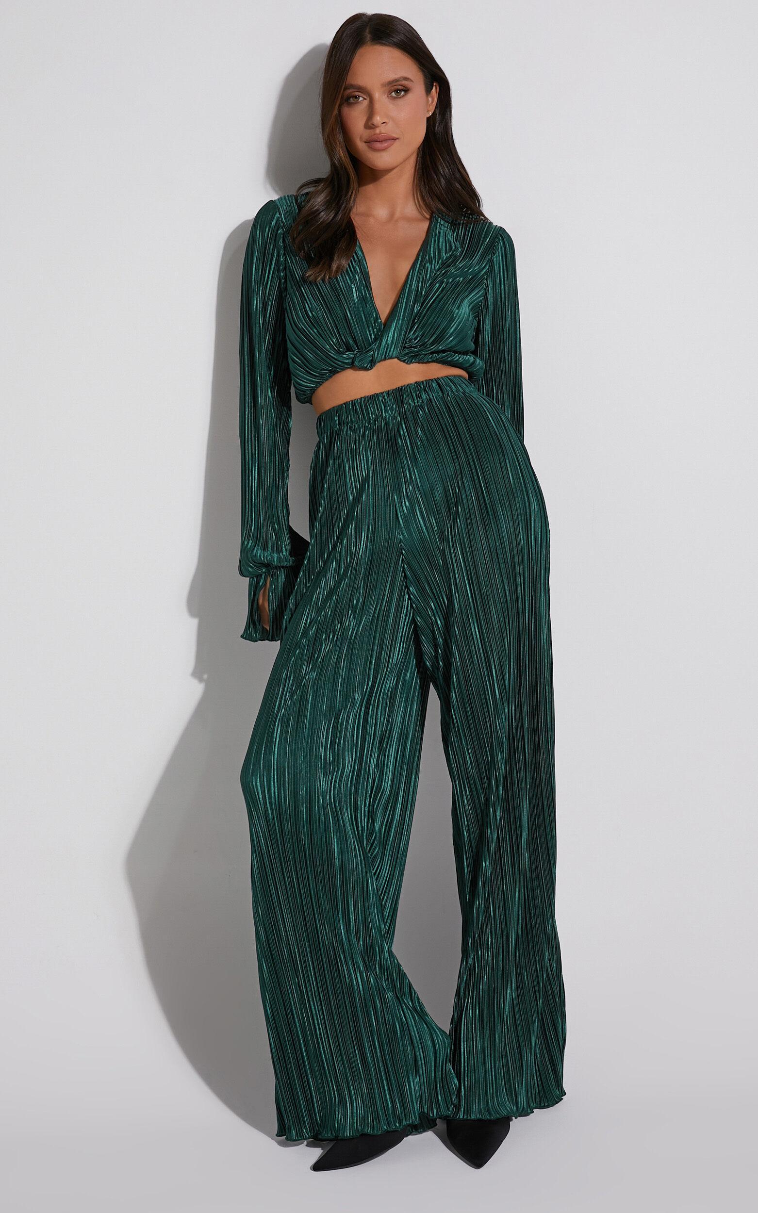 Aluna Two Piece Set - Plisse Twist Front Crop Top and Wide Leg Pants Set in Forest Green Product Image