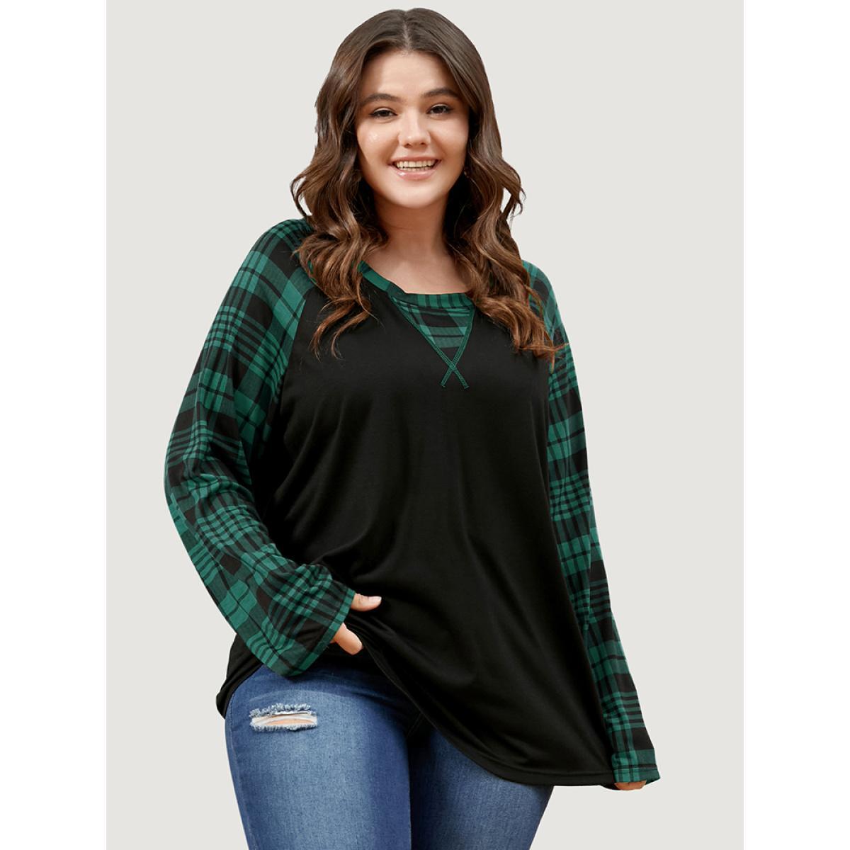 Plus Size Plaid Patchwork Bell Sleeve Long Tee DarkGreen Women Casual Contrast Plaid Round Neck Dailywear T-shirts BloomChic 10/M Product Image