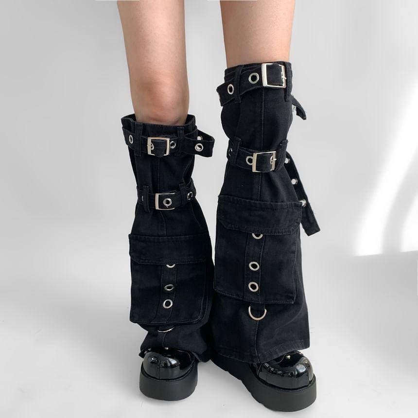 Grommet Buckled Denim Leg Warmers Product Image