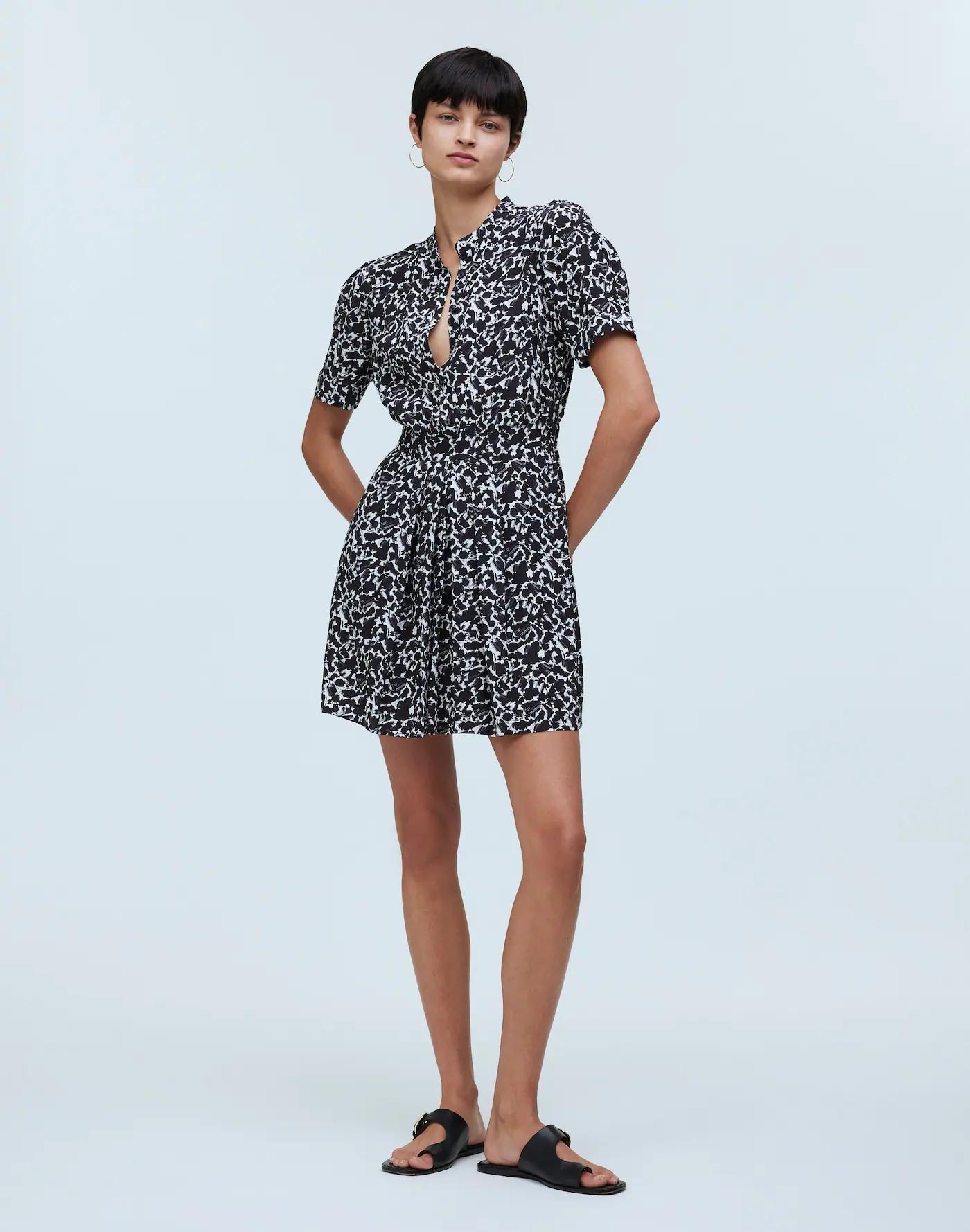 Button-Front Blouson Mini Shirtdress in Floral Crepe Product Image