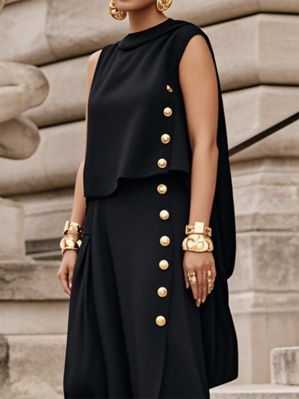 Loose Sleeveless Buttoned Solid Color Round-Neck Maxi Dresses Product Image