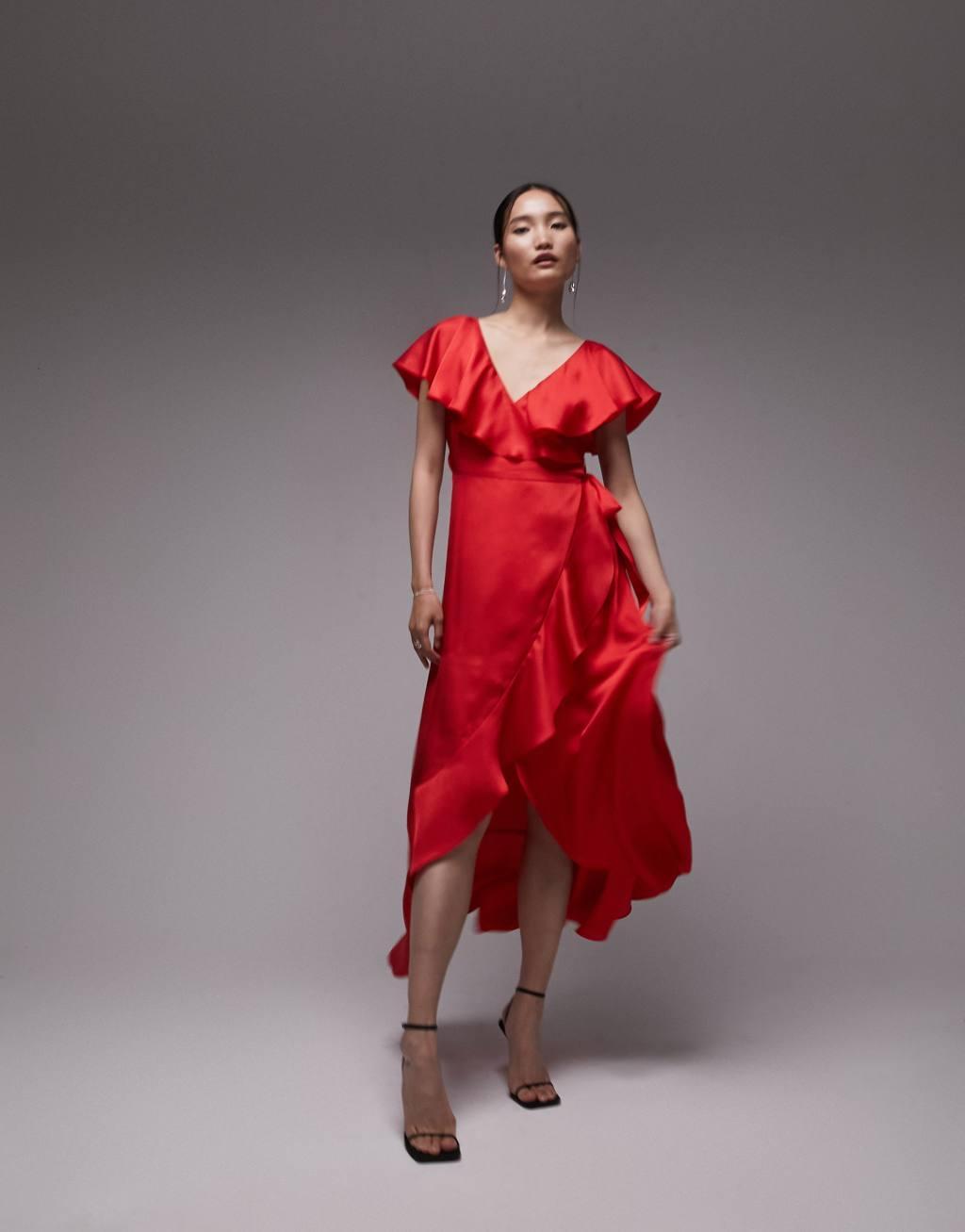 Topshop ruffle wrap midi dress in dark red Product Image