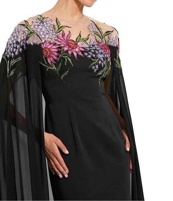 Mac Duggal Floral Beaded Embroidered Illusion Crew Neck Long Sheer Cape Gown Product Image