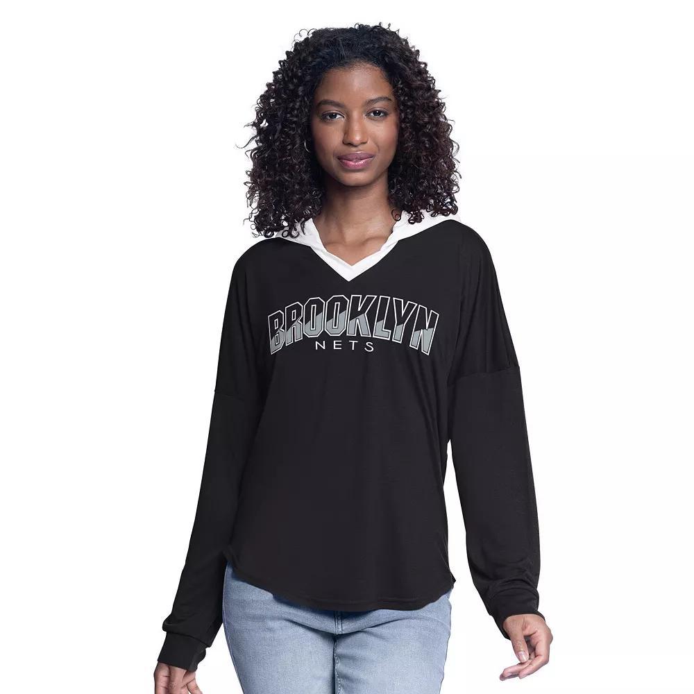 Women's G-III 4Her by Carl Banks Black Brooklyn Nets Bench Player Oversized Long Sleeve Hooded Top, Size: Medium Product Image