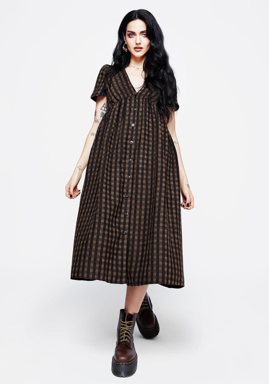 Rydal Check Button Up Midi Dress - Brown Product Image