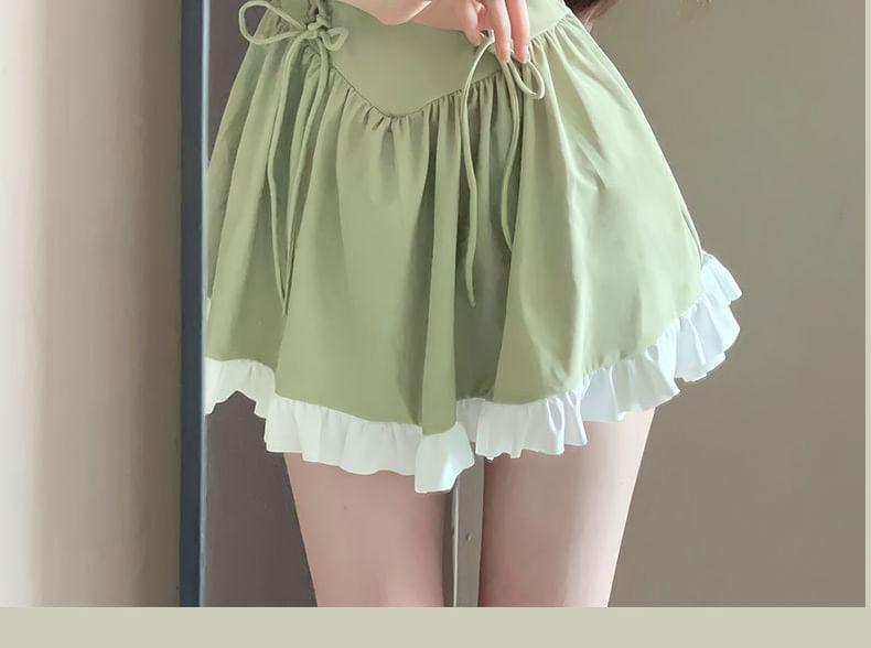 Cap-Sleeve Two Tone Bow Lace-Up Swim Dress Product Image