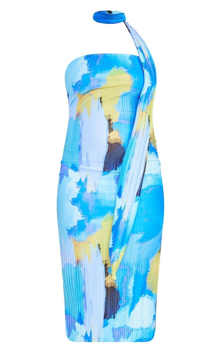 Plus Blue Abstract Choker Plisse Midi Dress Product Image