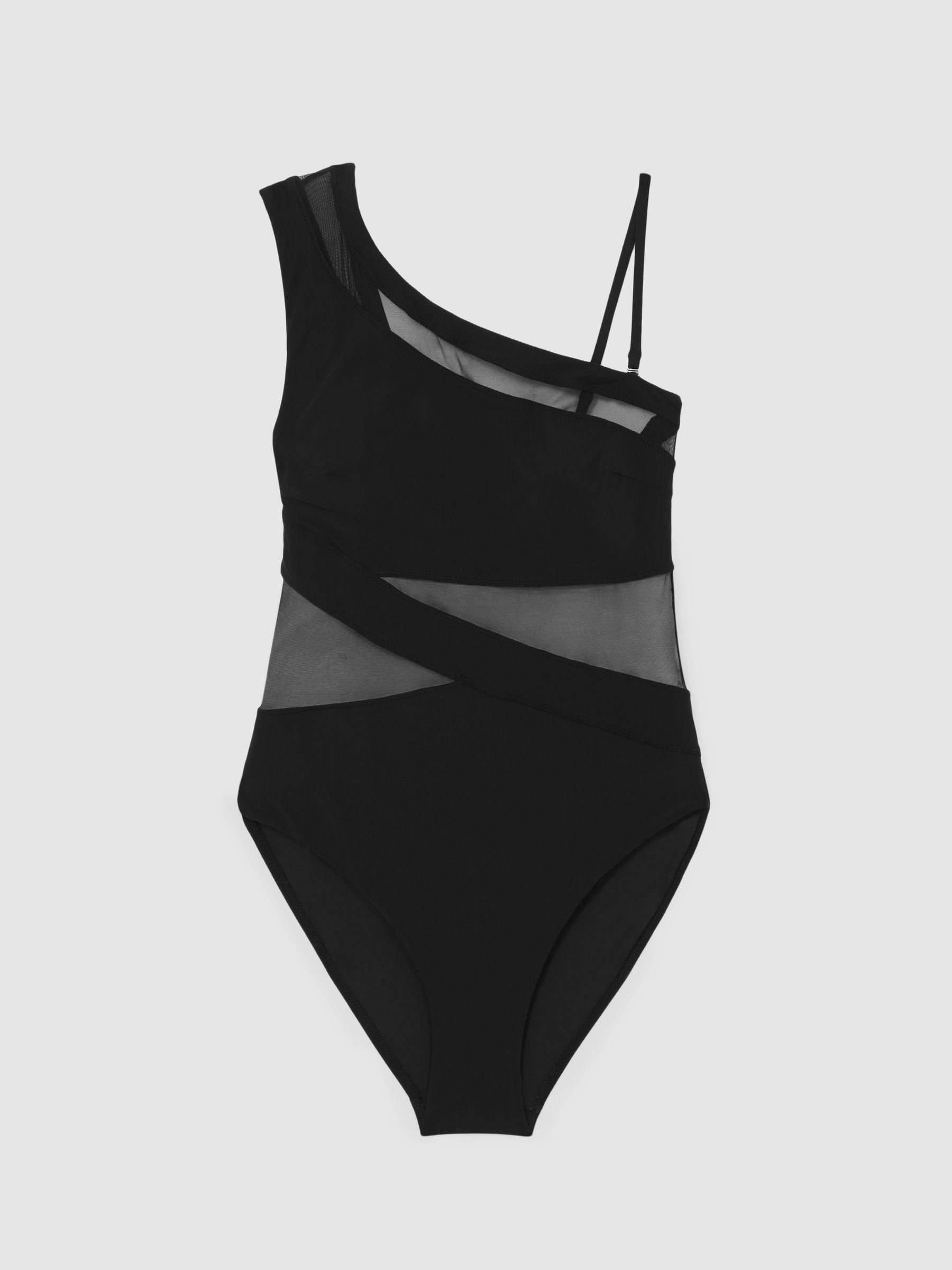 One Shoulder Mesh Panel Swimsuit in Black Product Image