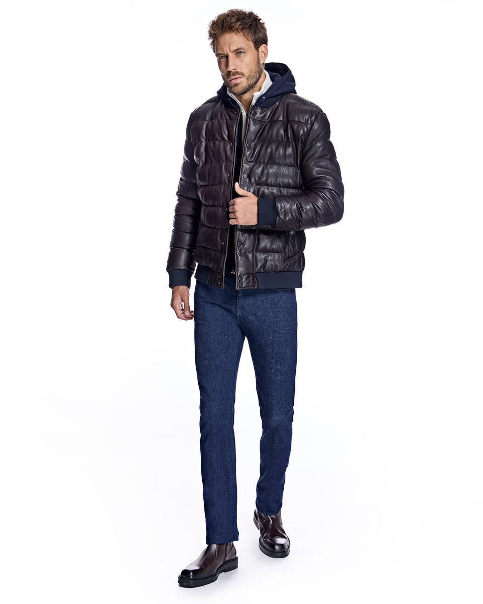 Men's Leather Puffer Jacket with Hood Product Image