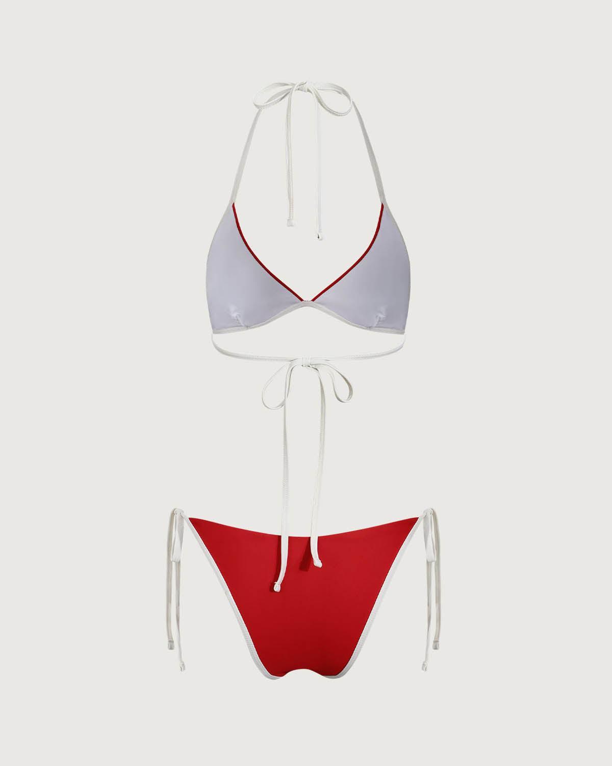 Red Contrasting Halter Triangle Bikini Set Product Image