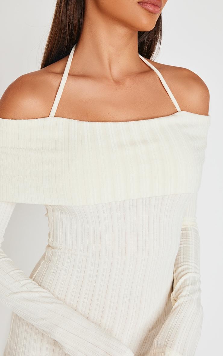 Cream Rib Bardot Fold Over Bodycon Dress Product Image