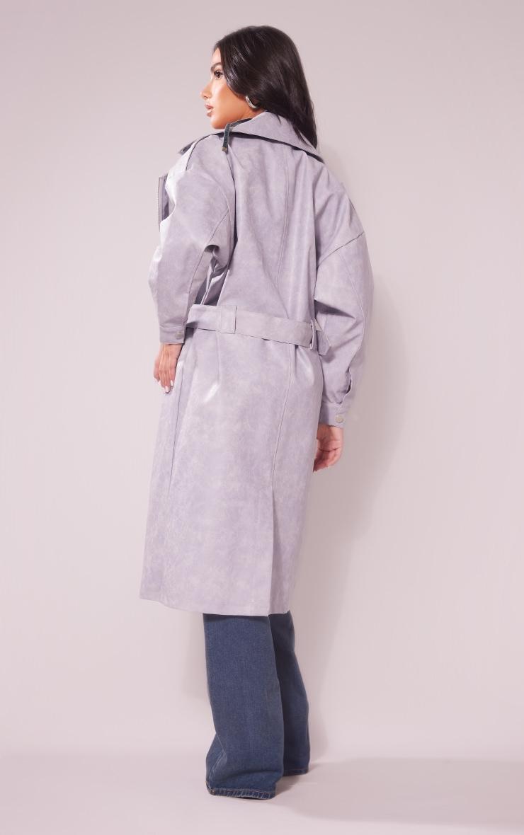 Petite Washed Grey Pu Biker Trench Product Image