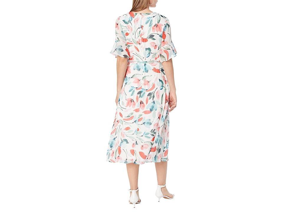 DKNY Short Sleeve Tie Wrap Dress (Print 7854/Ivory/Melon ) Women's Clothing Product Image