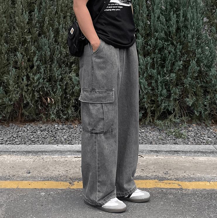 RT No. 11513 GRAY DRAWSTRING WIDE CARGO PANTS Product Image