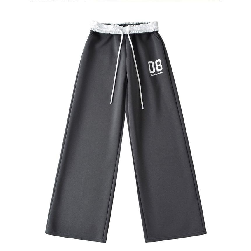 Drawstring Waist Number Print Contrast Trim Wide Leg Sweatpants Product Image