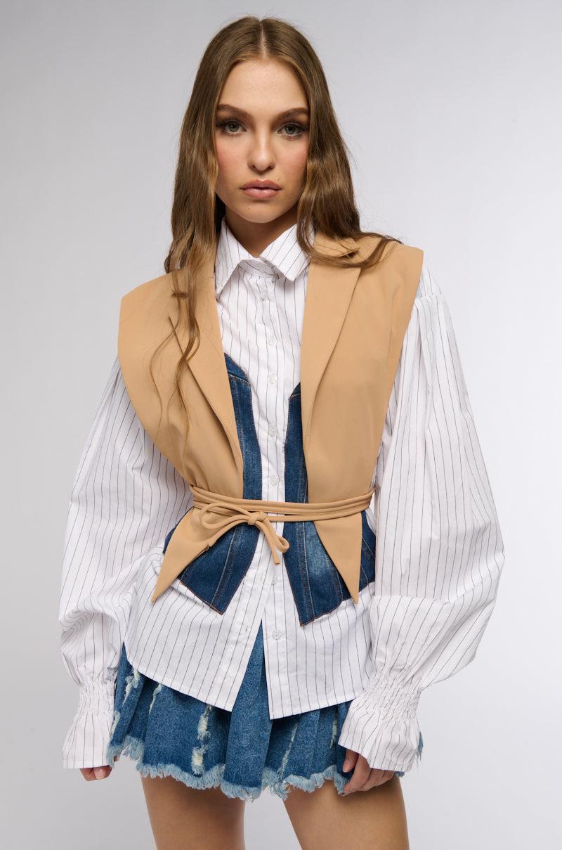 WORKING WOMAN SIDE TIE BLAZER VEST IN TAN Female Product Image