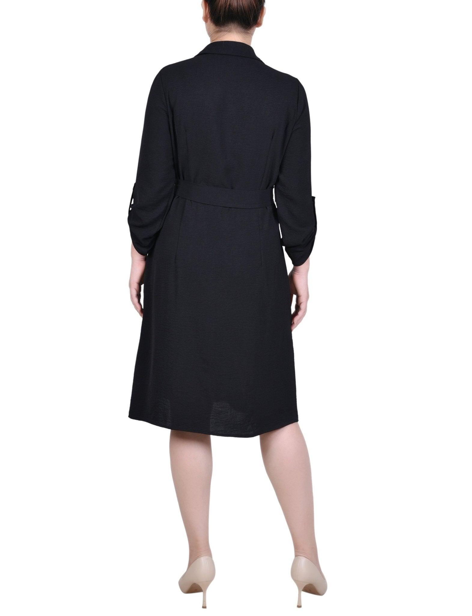 Black Long Roll Tab Sleeve Shirtdress Product Image