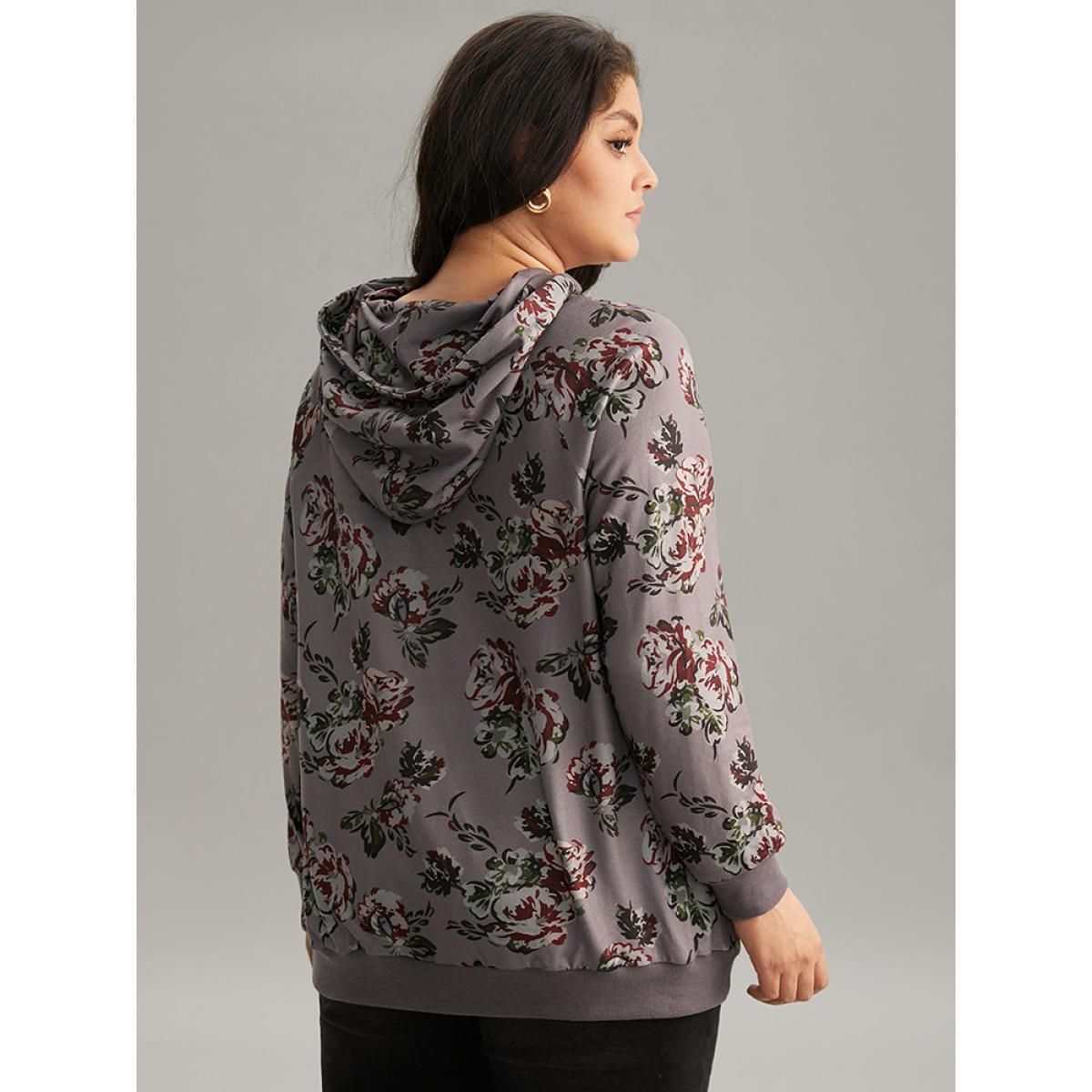 Plus Size Floral Drawstring Hooded Kangaroo Pocket Sweatshirt Women Gray Elegant Printed Hooded Dailywear Sweatshirts BloomChic 26/4X Product Image