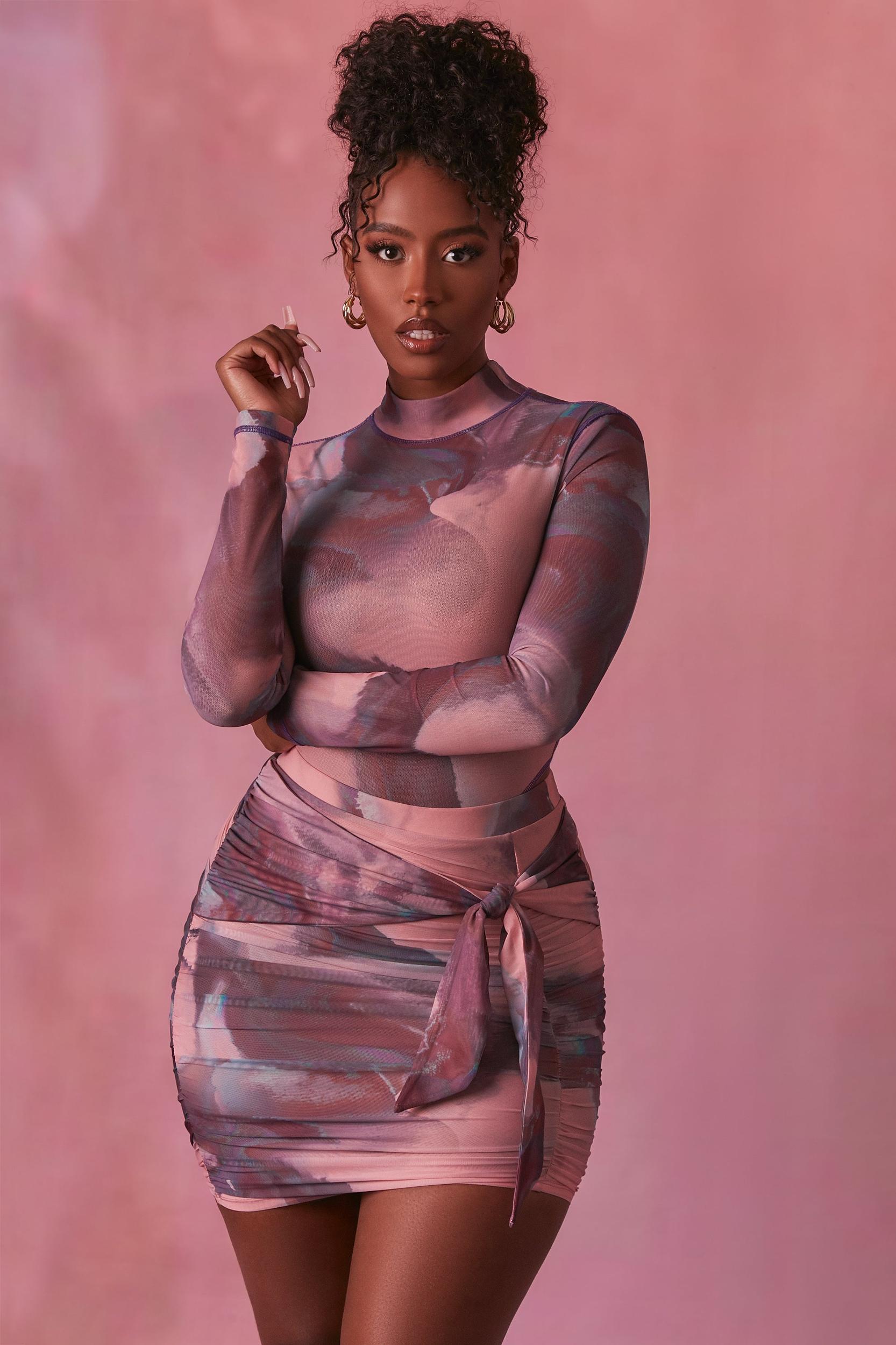 High Neck Long Sleeve Mesh Bodysuit in Blush Product Image