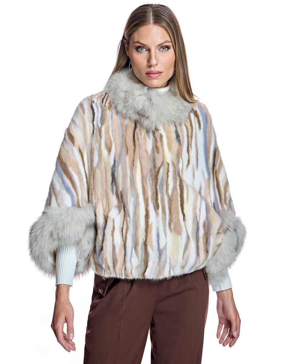 Semi Sheared Mink Section Cape with Fox Trim Product Image