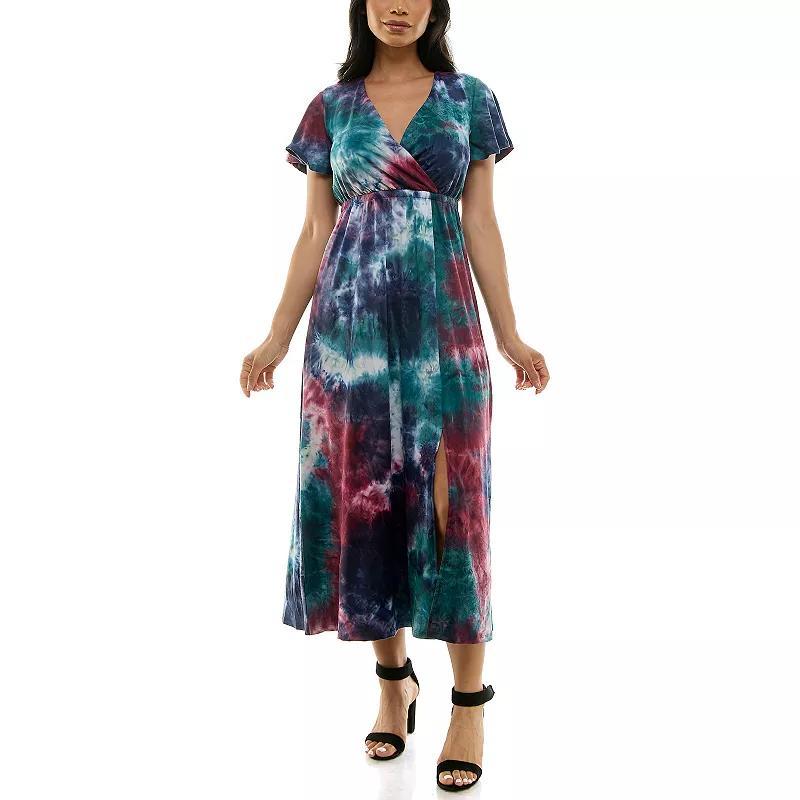 Women's Nina Leonard Tie Dye Print Flutter Sleeve V-Neck Maxi Dress, Size: Large, Blue Team Product Image