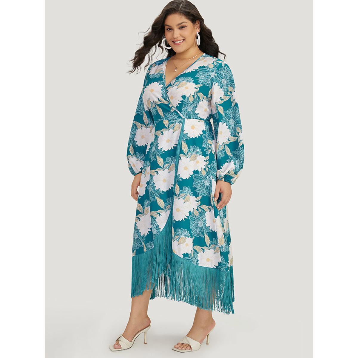 Plus Size Floral Print Wrap Tassel Trim Lantern Sleeve Dress Cerulean Women Elegant Elastic cuffs V-neck Long Sleeve Curvy Midi Dress BloomChic 30/6X Product Image