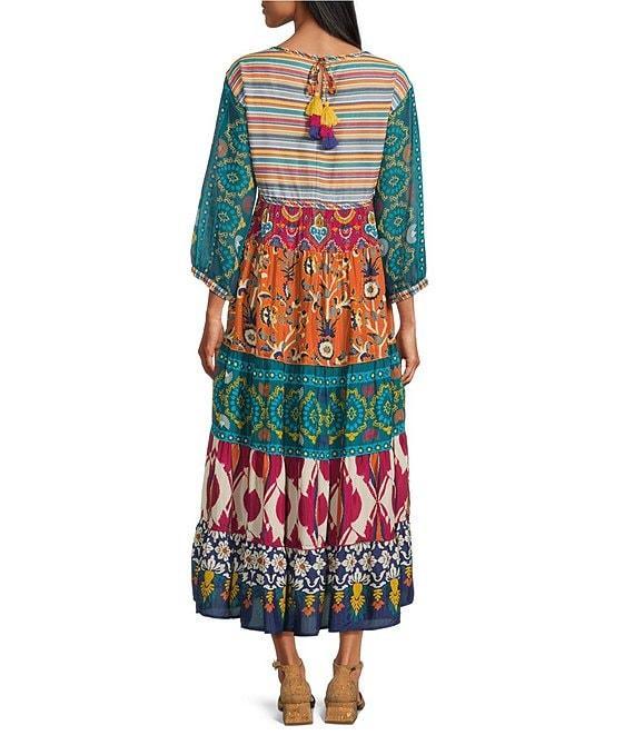 John Mark Patchwork Print Woven Crew Neck 3/4 Sleeves Embroidered A-Line Midi Dress Product Image