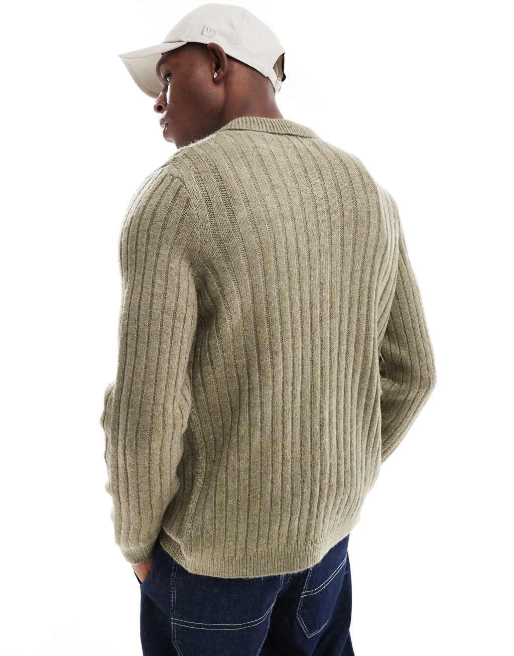 ASOS DESIGN brushed ribbed knitted collar cardigan in khaki Product Image