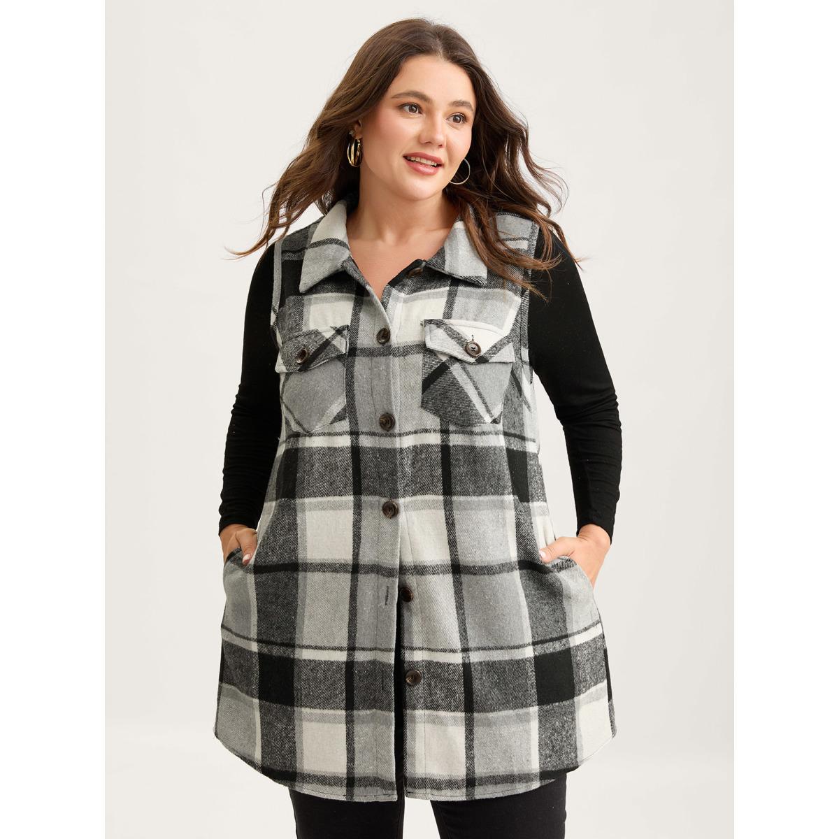 Plus Size Plaid Flap Detail Sleeveless Jacket Women Black Button Side seam pocket Casual Jackets BloomChic 30/6X Product Image