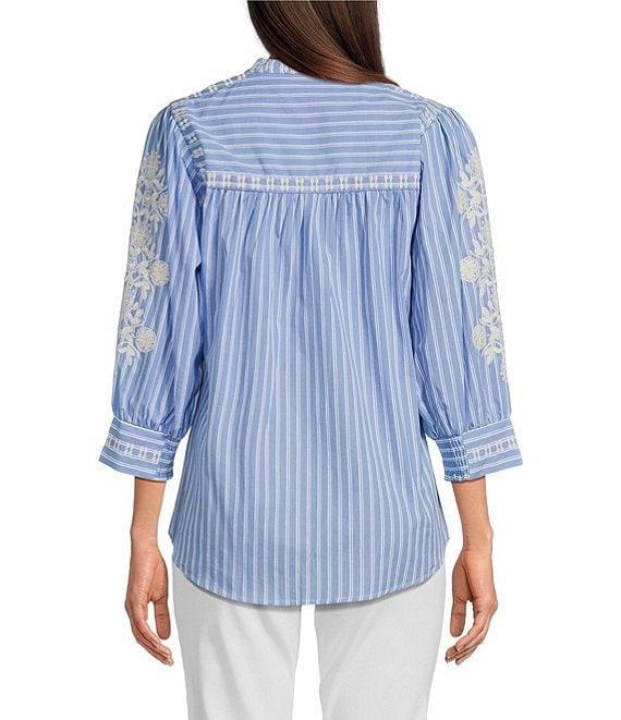 Calessa Embroidered Stripe Split V-Neck 3/4 Sleeve Button Front Shirt Product Image