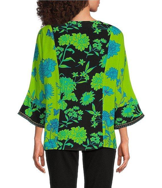 John Mark Petite Size Embroidered Printed Split Round Neck 3/4 Dolman Sleeve Tassel Tie Tunic Product Image