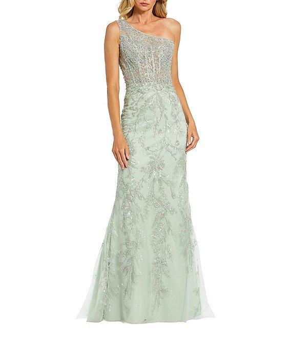 Mac Duggal One Shoulder Corset Embellished Mesh Sheath Gown Product Image