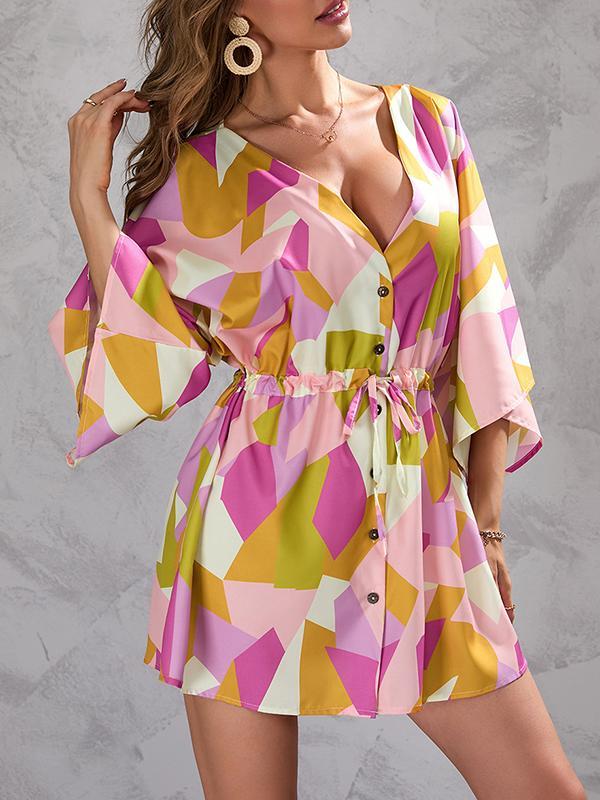 A-Line Half Sleeves Buttoned Drawstring Printed V-Neck Mini Dresses Product Image