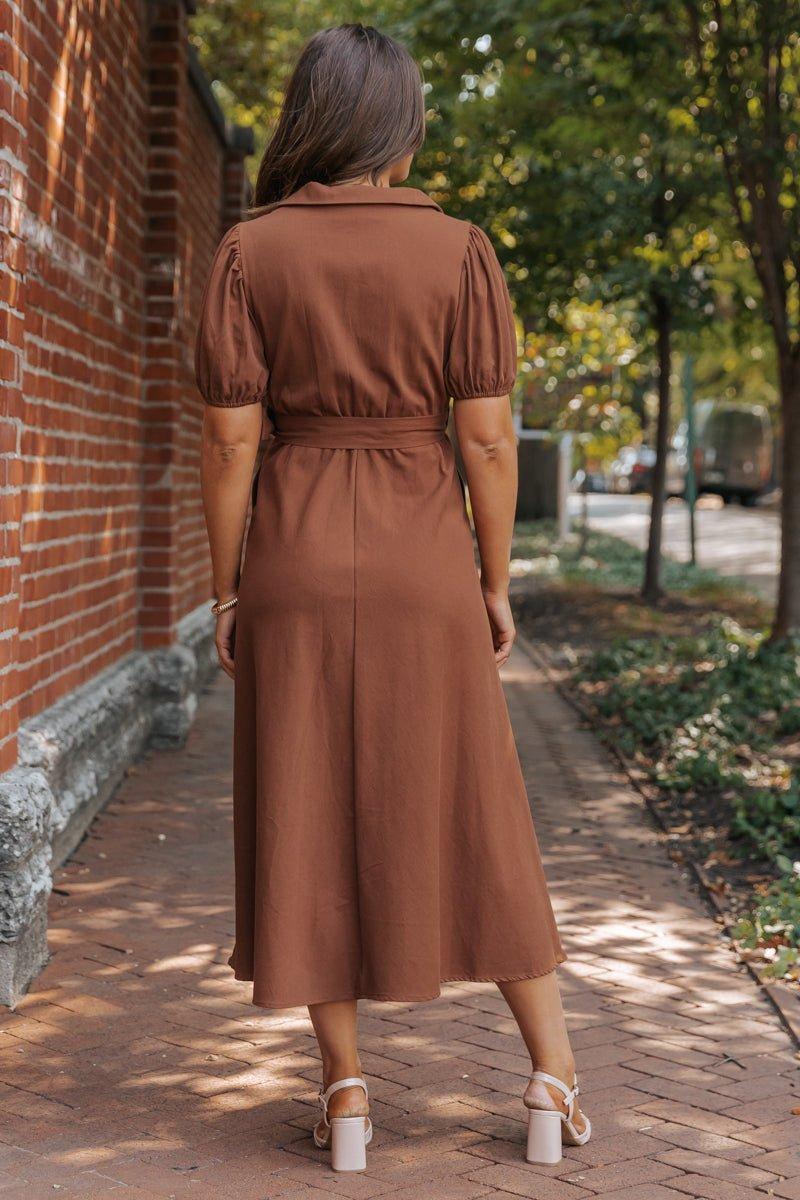 True Autumn Brown Belted Midi Dress - FINAL SALE Female Product Image