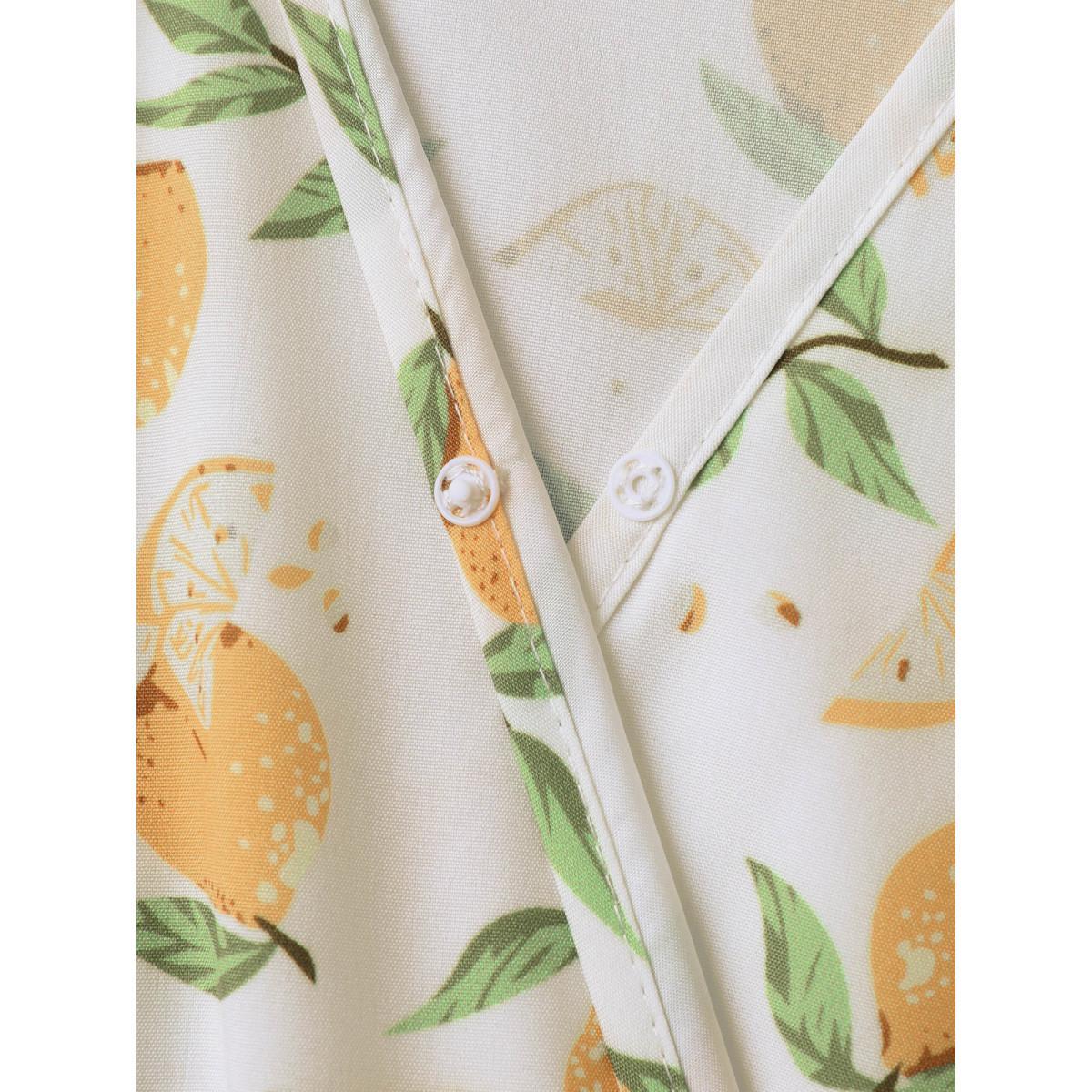 Plus Size Lemon Print Surplice Stretchy Waist Midi Dress Ivory Women Elegant Overlapping Overlap Collar Short sleeve Curvy BloomChic 18-20/2X Product Image