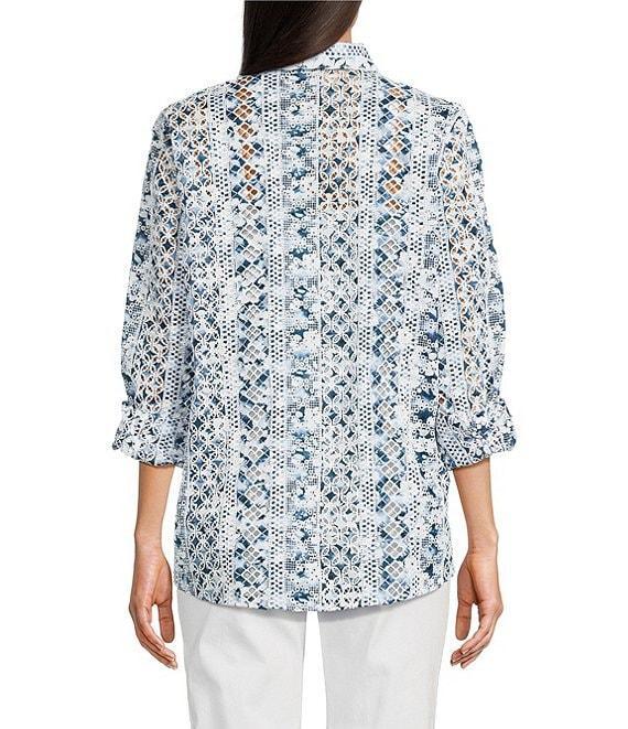 John Mark Allover Embroidered Eyelet Printed Point Collar Long Roll-Tab Sleeve Button Front Tunic Product Image