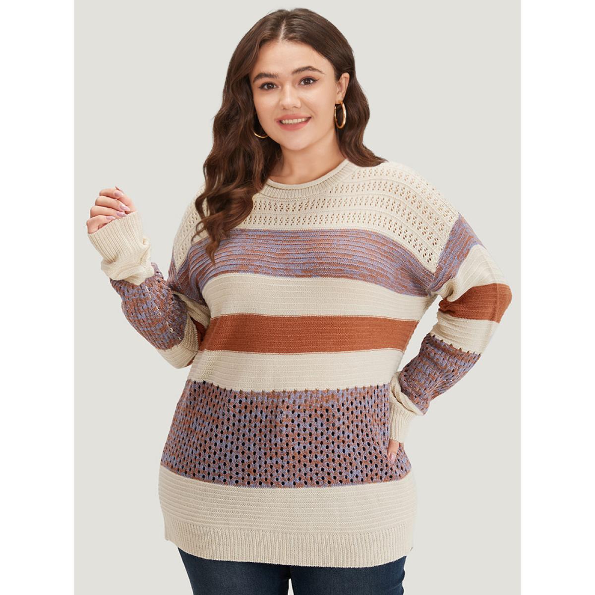 Plus Size Colorblock Contrast Drop Shoulder Cut Out Pullover Multicolor Women Casual Loose Long Sleeve Round Neck Dailywear Pullovers BloomChic 28/5X Product Image