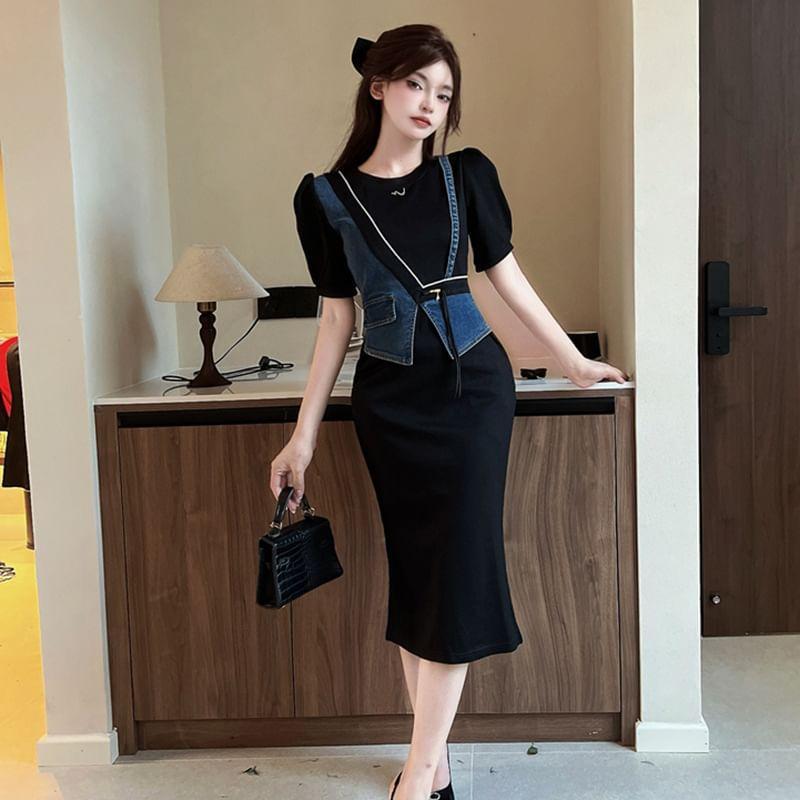 Mock Two-Piece Short-Sleeve Denim Panel Midi Sheath Dress Product Image