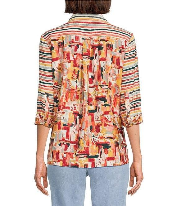 Multiples Petite Size Woven Multi Print Point Collar 3/4 Sleeve Button Front Fitted Shirt Product Image